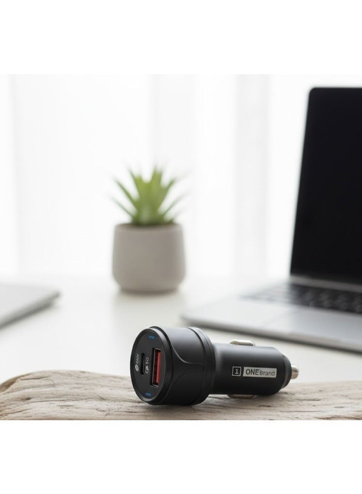 شاحن سيارة ون براند 38 واط فائق السرعة - منفذ مزدوج USB-C PD و USB-A QC 3.0 - متوافق مع آيفون، سامسونج جالكسي ، آيباد، والتابلت - شحن سريع، تصميم مدمج، لون أسود - Image 1