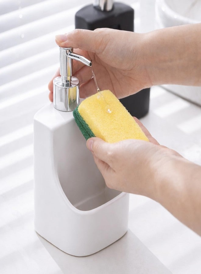 Jung Ford 2 in 1 Soap Dispenser with Sponge Holder, Ceramic Kitchen Soap Dispenser with Built-in Organizer, Countertop Sink Caddy for Dish Soap or Hand Soap, Bathroom Kitchen Storage (White) - Image 2