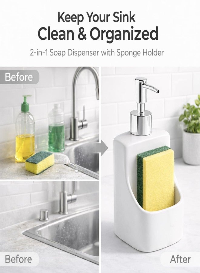 Jung Ford 2 in 1 Soap Dispenser with Sponge Holder, Ceramic Kitchen Soap Dispenser with Built-in Organizer, Countertop Sink Caddy for Dish Soap or Hand Soap, Bathroom Kitchen Storage (White) - Image 3