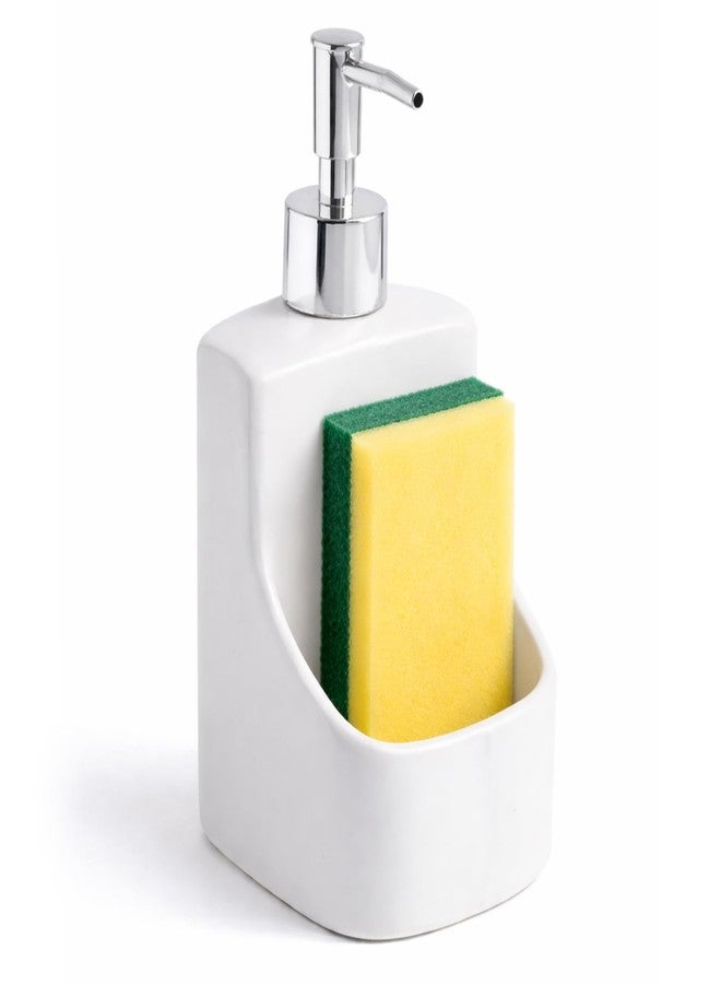 Jung Ford 2 in 1 Soap Dispenser with Sponge Holder, Ceramic Kitchen Soap Dispenser with Built-in Organizer, Countertop Sink Caddy for Dish Soap or Hand Soap, Bathroom Kitchen Storage (White) - Image 1