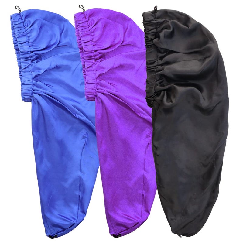 TCOTBE 3 Pcs Foldable Extra Long Sleeping Caps Soft Stain Satin Hair Braid Bonnet with Button Comfortable Single Lay Hair Covers Long Braids Bonnet for Women with Long Hair Deadlocks Curly Hair Blue - Image 1