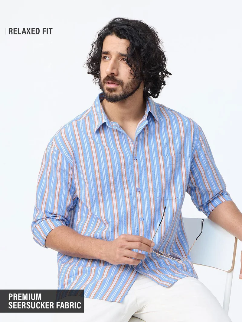 The Souled Store  The Souled Store: Blue Stone Men and Boys Long Sleeve Spread Collar Light Blue Geometric Printed Cotton Relaxed Shirt  | Best Price UAE
