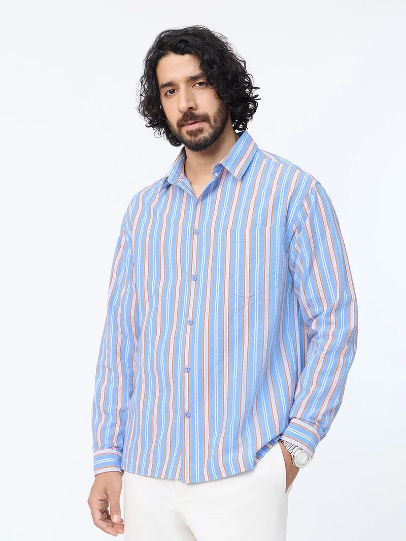 The Souled Store The Souled Store: Blue Stone Men and Boys Long Sleeve Spread Collar Light Blue Geometric Printed Cotton Relaxed Shirt