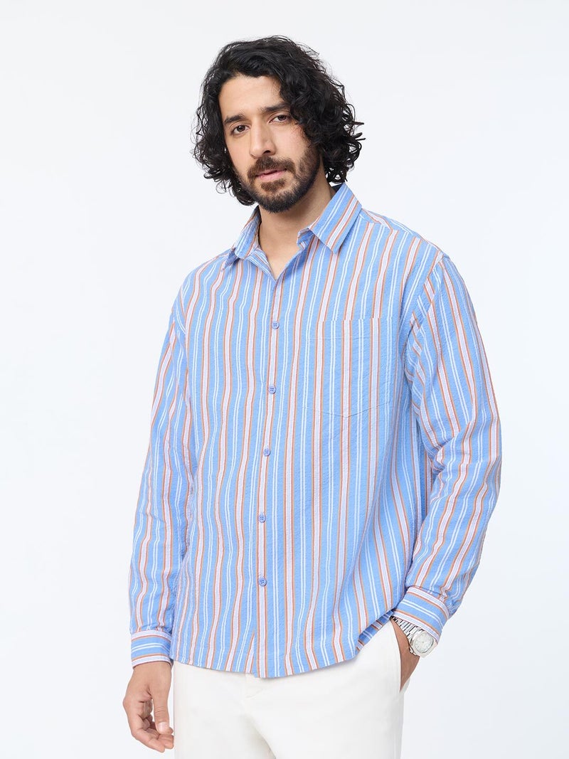 The Souled Store: Blue Stone Men and Boys Long Sleeve Spread Collar Light Blue Geometric Printed Cotton Relaxed Shirt - Image 1