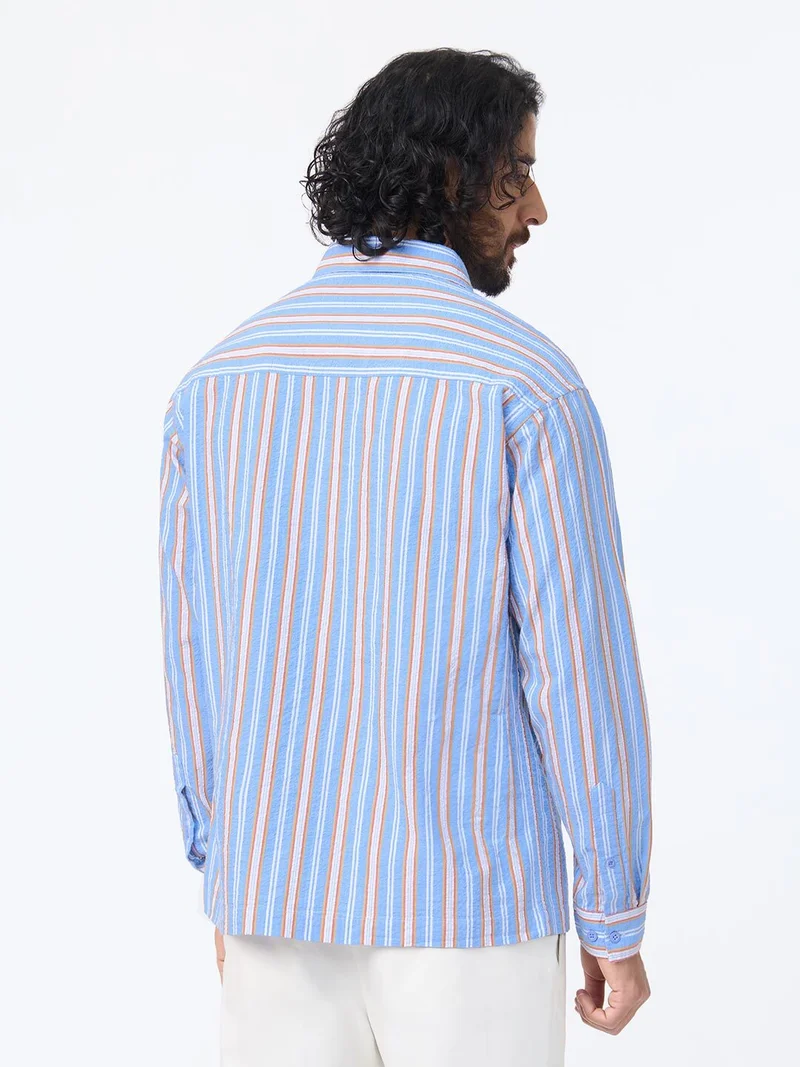 The Souled Store  The Souled Store: Blue Stone Men and Boys Long Sleeve Spread Collar Light Blue Geometric Printed Cotton Relaxed Shirt  | Best Price UAE