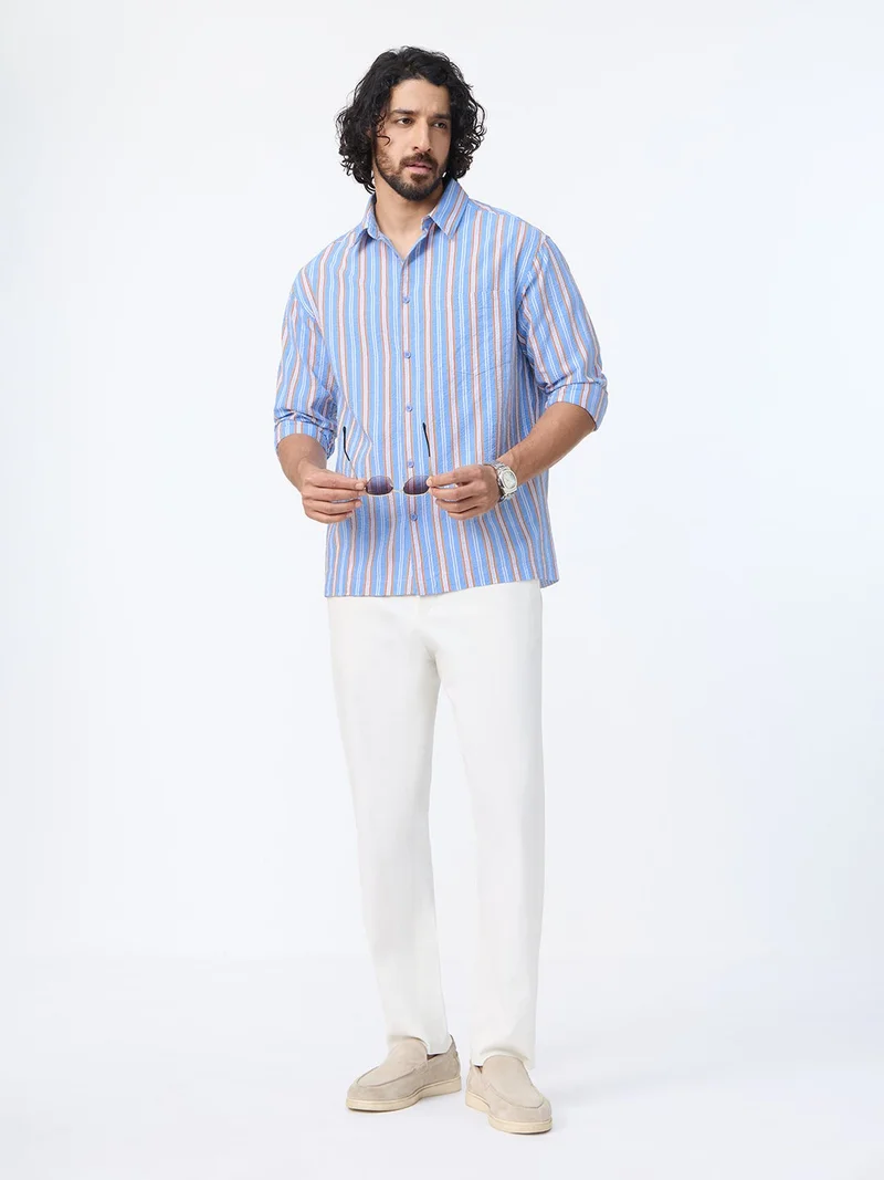 The Souled Store  The Souled Store: Blue Stone Men and Boys Long Sleeve Spread Collar Light Blue Geometric Printed Cotton Relaxed Shirt  | Best Price UAE