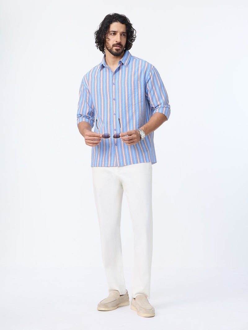 The Souled Store: Blue Stone Men and Boys Long Sleeve Spread Collar Light Blue Geometric Printed Cotton Relaxed Shirt - Image 4