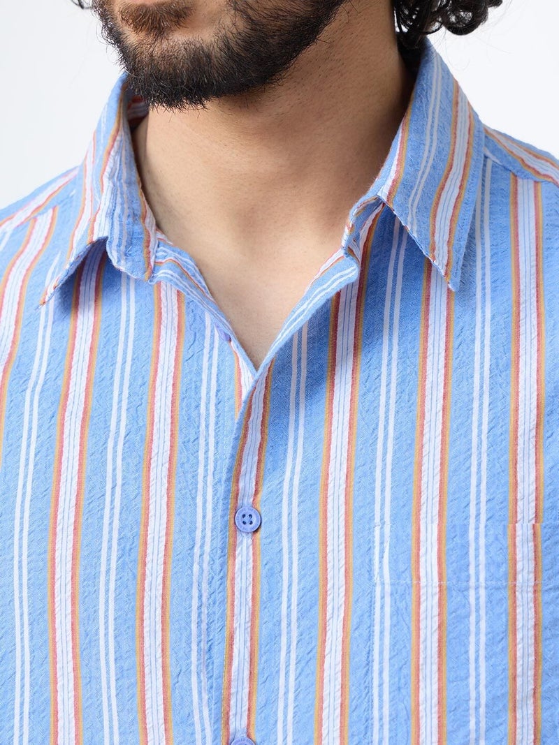 The Souled Store: Blue Stone Men and Boys Long Sleeve Spread Collar Light Blue Geometric Printed Cotton Relaxed Shirt - Image 2