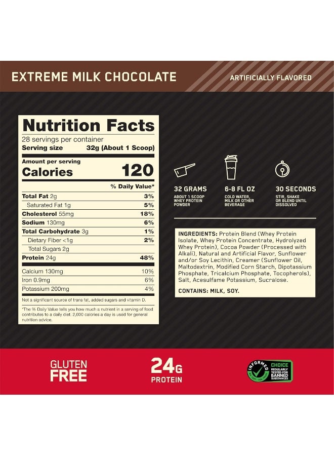 أوبتيموم نيوتريشن مسحوق بروتين مصل الحليب بنسبة 100% من Gold Standard معزول المصدر الأساسي، 24 جرامًا من البروتين لدعم العضلات واستعادتها - شوكولاتة الحليب الفائقة، 2 رطل، 28 حصة (907 جرام) - Image 4