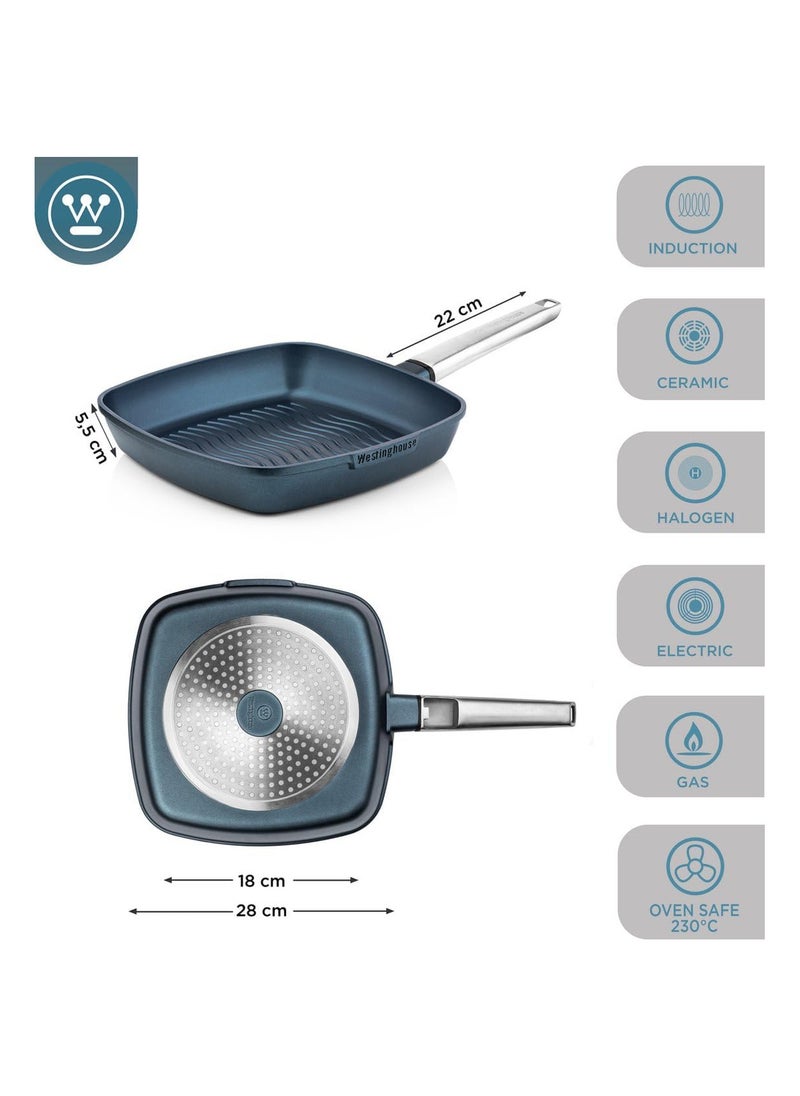 Westinghouse Westinghouse 28cm Non-Stick Ribbed Grill Pan Cast Aluminum with PPG QuanTanium Coating Stainless Steel Handle - Induction & Oven Safe - Blue  - Image 5