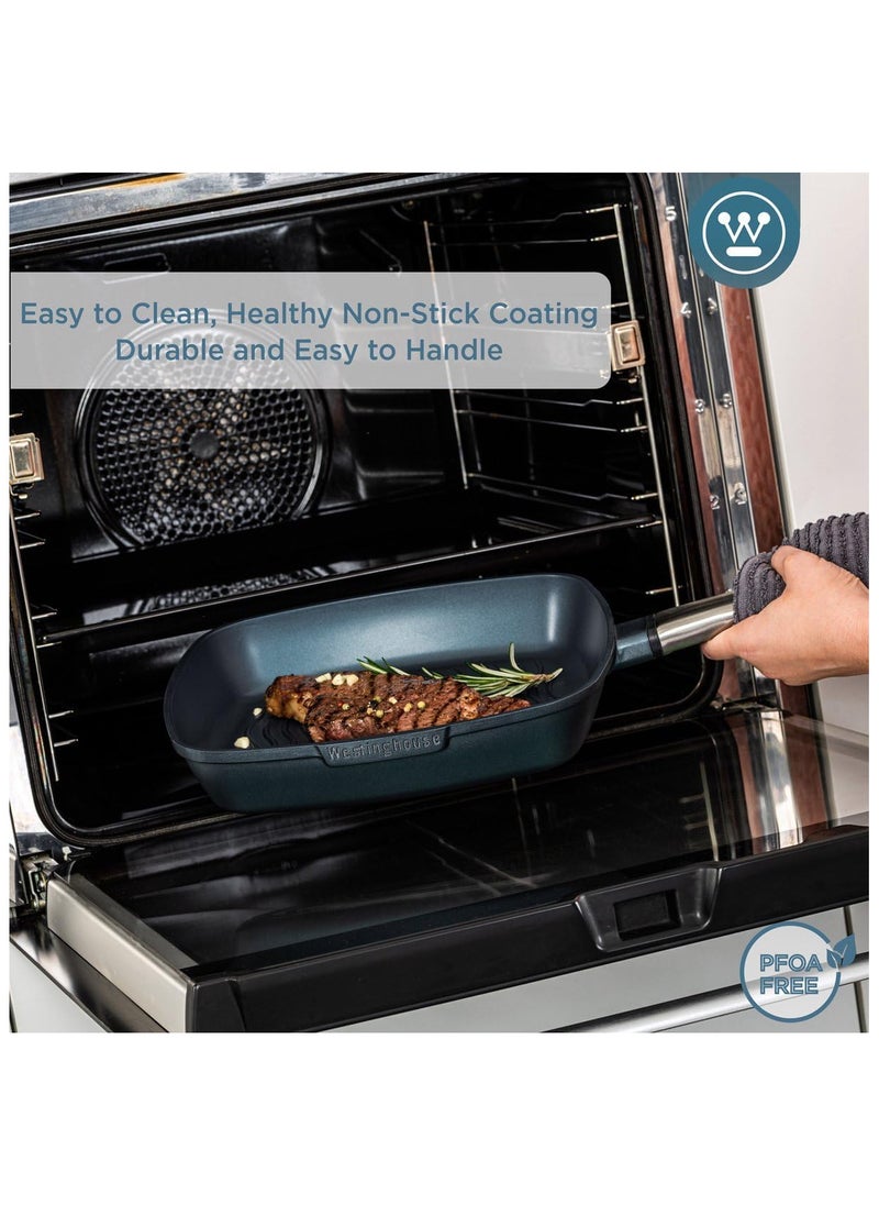Westinghouse Westinghouse 28cm Non-Stick Ribbed Grill Pan Cast Aluminum with PPG QuanTanium Coating Stainless Steel Handle - Induction & Oven Safe - Blue  - Image 3