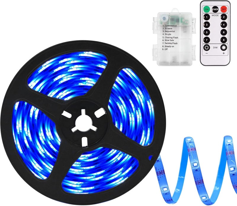 echosari Blue Led Strip Lights Waterproof Battery Operated with Remote, 8 Modes, Dimmable, Timer, Self-Adhesive, Cuttable, 3M 90Led Battery Strip Led Light for Indoor Outdoor Decor - Image 1