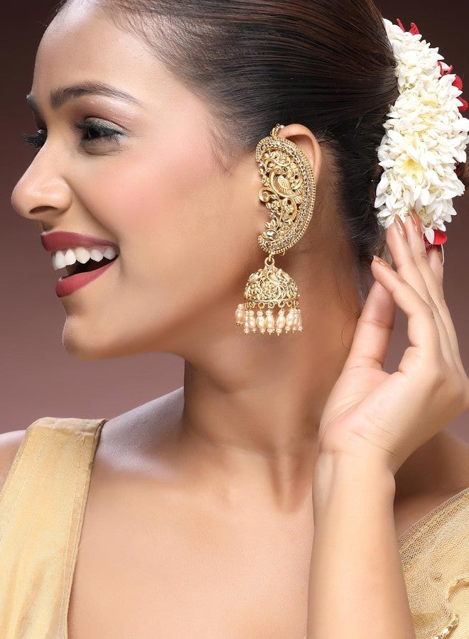 ADIVA 22K Gold-Plated Glossy Pearl & CZ Stone-Studded & Beads Peacock Shaped Ear Cuff Earrings, Traditional Stylish Ear Cuff Earrings for Women Party, Wedding, Bridal, Occasion, Festive - Image 2