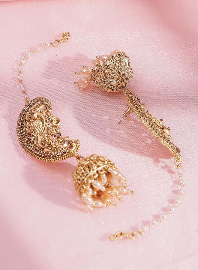 ADIVA 22K Gold-Plated Glossy Pearl & CZ Stone-Studded & Beads Peacock Shaped Ear Cuff Earrings, Traditional Stylish Ear Cuff Earrings for Women Party, Wedding, Bridal, Occasion, Festive - Image 5