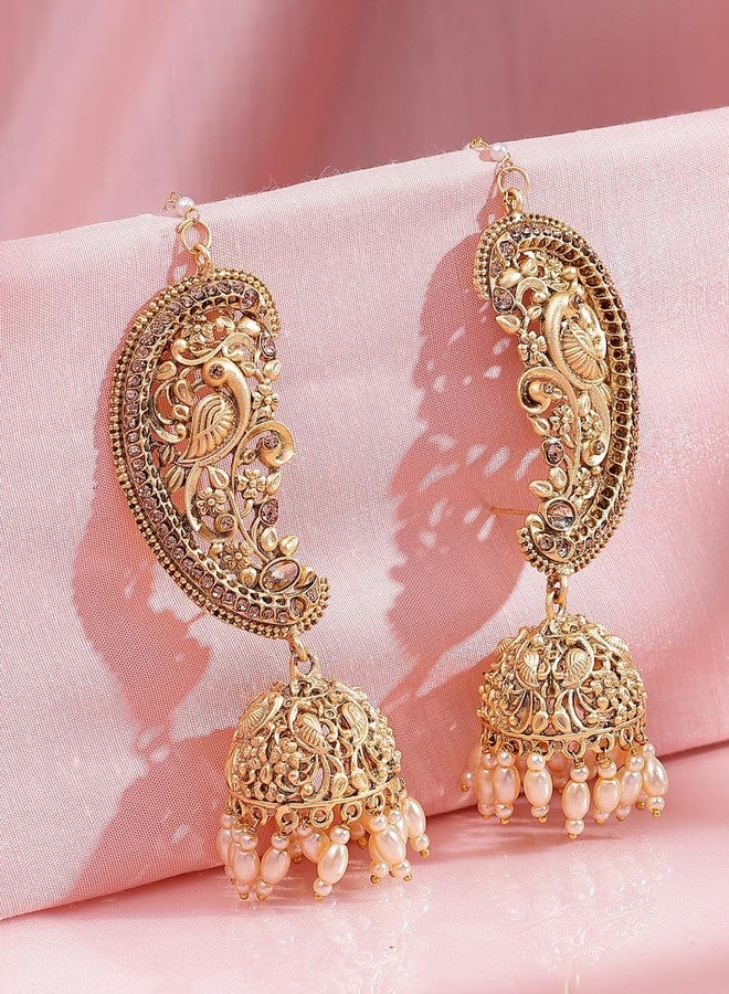 ADIVA 22K Gold-Plated Glossy Pearl & CZ Stone-Studded & Beads Peacock Shaped Ear Cuff Earrings, Traditional Stylish Ear Cuff Earrings for Women Party, Wedding, Bridal, Occasion, Festive - Image 4