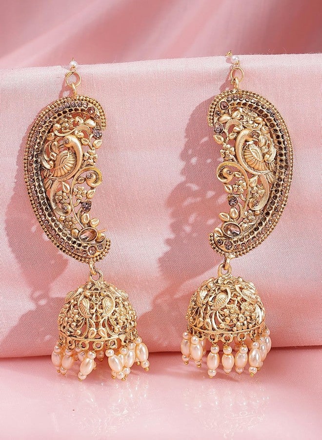 ADIVA 22K Gold-Plated Glossy Pearl & CZ Stone-Studded & Beads Peacock Shaped Ear Cuff Earrings, Traditional Stylish Ear Cuff Earrings for Women Party, Wedding, Bridal, Occasion, Festive - Image 3