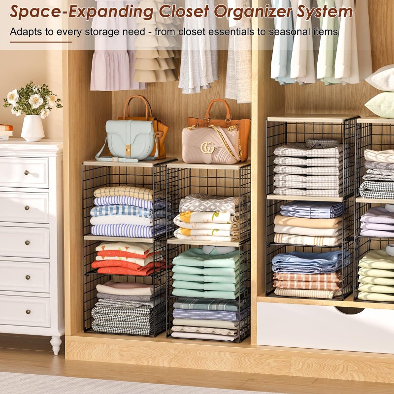 Hencawima 2 Pack Closet Organizer System, Extra Tall & Large Capacity Closet Shelves with Adjustable Dividers, 3-Tier Stackable Storage Bins with Wood Top (Up to 6 Tiers), for Clothes Wardrobe Organization - Image 2