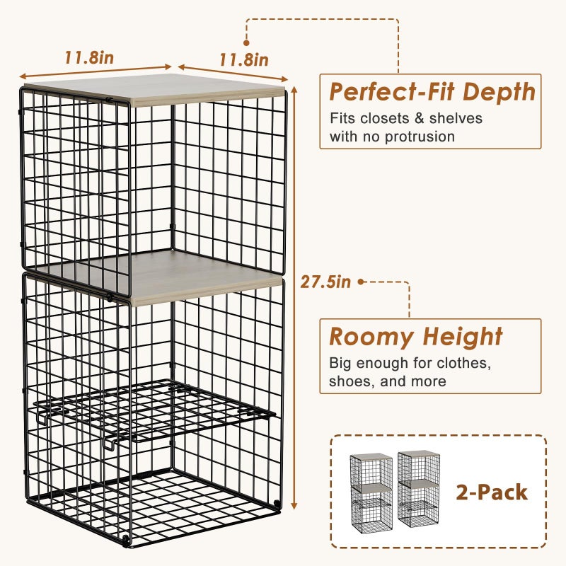 Hencawima 2 Pack Closet Organizer System, Extra Tall & Large Capacity Closet Shelves with Adjustable Dividers, 3-Tier Stackable Storage Bins with Wood Top (Up to 6 Tiers), for Clothes Wardrobe Organization - Image 4