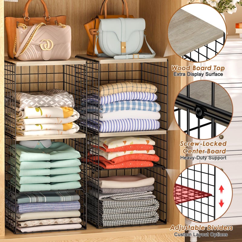 Hencawima 2 Pack Closet Organizer System, Extra Tall & Large Capacity Closet Shelves with Adjustable Dividers, 3-Tier Stackable Storage Bins with Wood Top (Up to 6 Tiers), for Clothes Wardrobe Organization - Image 3