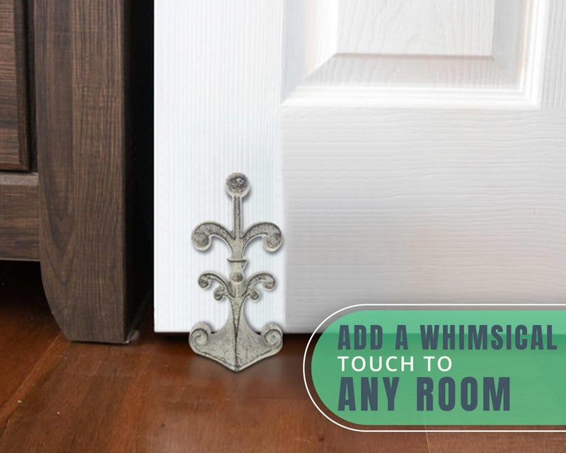 Comfify Fleur De Lis Cast Iron Door Stop – One Decorative Wedge with Felt Bottom – Rustic White Antique Finish – 4" x 3.5" x 7.75" - Image 4