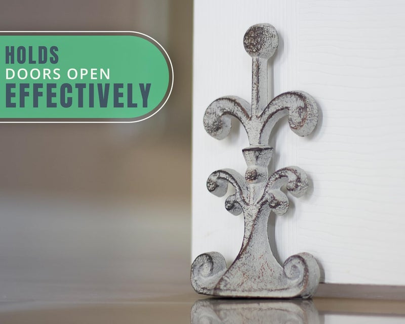 Comfify Fleur De Lis Cast Iron Door Stop – One Decorative Wedge with Felt Bottom – Rustic White Antique Finish – 4" x 3.5" x 7.75" - Image 5