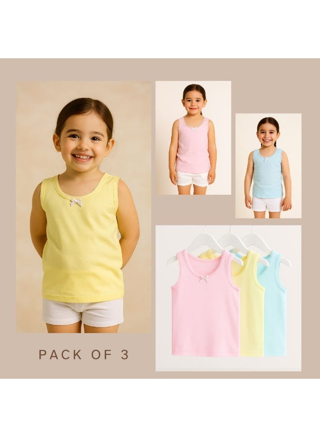 victor and jane 3-Pack Girls' Cotton Vests – Pastel Soft Essentials in Pink, Yellow & Blue