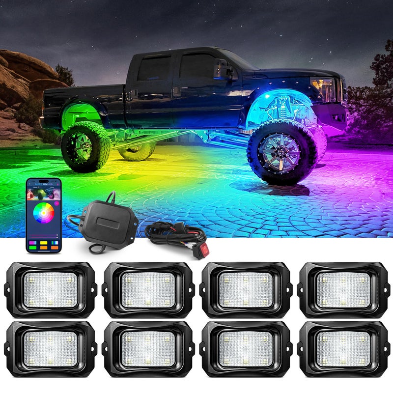 أضواء الصخور MICTUNING C2 ماكس RGBIC مع تأثيرات الألوان المتغيرة 8 وحدات مجموعة إضاءة تحت السيارة أوضاع إضاءة ديناميكية قابلة للتوسيع حتى 24 وحدة مع تحكم مستقر عبر التطبيق IP68 مقاومة للماء تأثيرات DIY