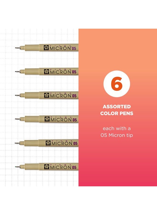SAKURA Pigma Micron Fineliner Pens - Archival Black and Colored Ink Pens - Pens for Writing, Drawing, or Journaling - Black and Assorted Colored Ink - 05 Point Size - 6 Pack  - Image 2