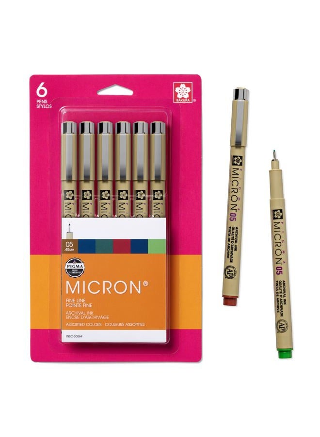 SAKURA Pigma Micron Fineliner Pens - Archival Black and Colored Ink Pens - Pens for Writing, Drawing, or Journaling - Black and Assorted Colored Ink - 05 Point Size - 6 Pack  - Image 1