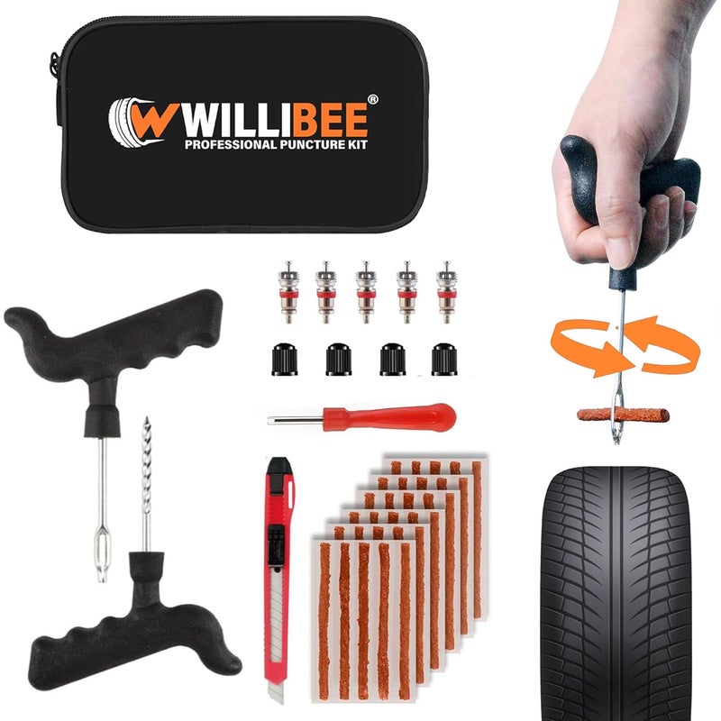 WILLIBEE 8-in-1 Tool Set (Pack of 30 Strips), Tubeless Tyre Puncture Repair Kit for Car, Bike, Scooter & SUV (with Storage Bag) | Universal Emergency Tyre Fix Tool Set, Flat Tire Puncher Repair Kit. - Image 1