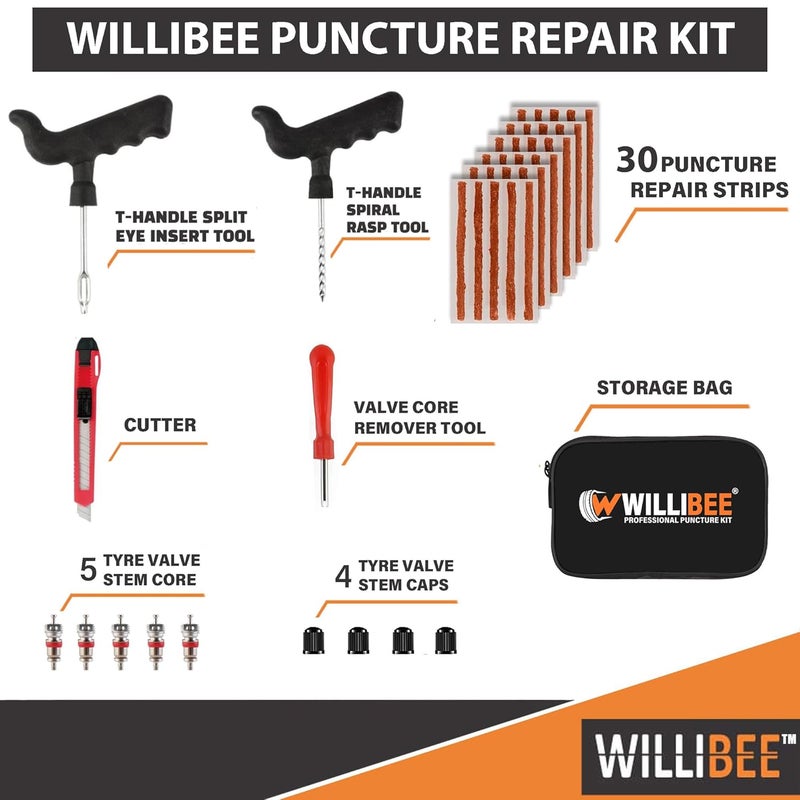 WILLIBEE 8-in-1 Tool Set (Pack of 30 Strips), Tubeless Tyre Puncture Repair Kit for Car, Bike, Scooter & SUV (with Storage Bag) | Universal Emergency Tyre Fix Tool Set, Flat Tire Puncher Repair Kit. - Image 2