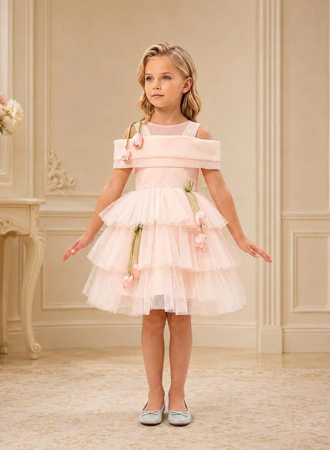 فيا بامبينو Blush Tiered Tulip-Accent Off-Shoulder Dress 3534