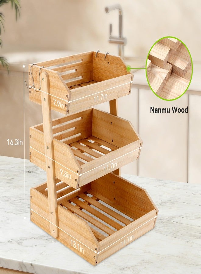 Fyvva Bamboo Fruit Basket, 3-Tier Fruit Basket for Kitchen Counter, Large Fruit Bowl with 2 Banana Hangers for Storing Fruit, Vegetables, and Organising Snacks, Bread (Natural) - Image 2