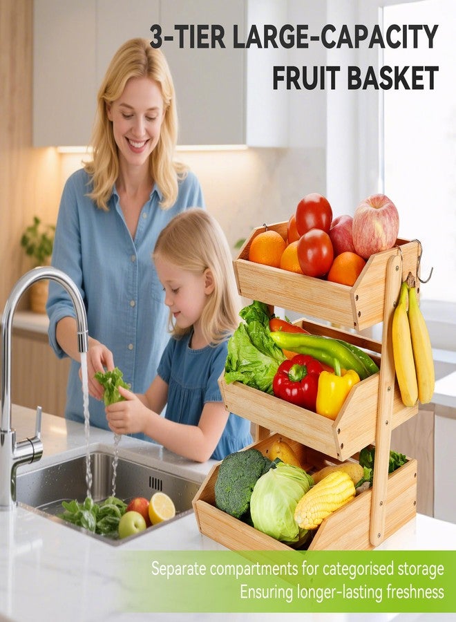 Fyvva Bamboo Fruit Basket, 3-Tier Fruit Basket for Kitchen Counter, Large Fruit Bowl with 2 Banana Hangers for Storing Fruit, Vegetables, and Organising Snacks, Bread (Natural) - Image 4