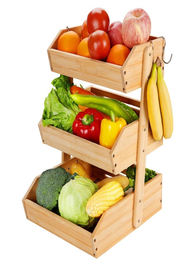 Fyvva Bamboo Fruit Basket, 3-Tier Fruit Basket for Kitchen Counter, Large Fruit Bowl with 2 Banana Hangers for Storing Fruit, Vegetables, and Organising Snacks, Bread (Natural) - Image 1
