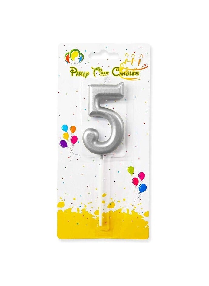Party Time Silver Number 5 Birthday Candle Kids Adult Birthday Cake Decoration - Number Candle For Anniversary, Valentines Birthday Candle Cake Topper