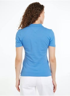 TOMMY HILFIGER Women's 1985 Collection Flag Embroidery Slim Polo -  Stretch organic cotton pique, Blue  - Image 3