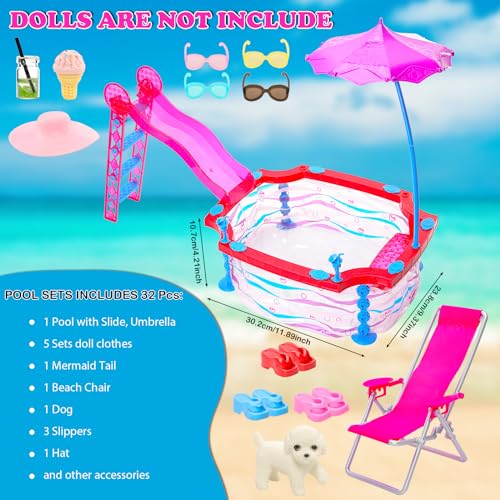 HONLAELLA 115 Inch Girl Doll Glam Pool Playset Include Glam Swimming Pool with Slide Mermaid Swimsuit Doll Bikini Swimwear Beach Chair Glasses Towel Swimming Ring and Others Accessories for 115 Inch Dolls - Image 5