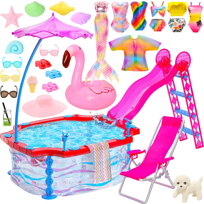 HONLAELLA 115 Inch Girl Doll Glam Pool Playset Include Glam Swimming Pool with Slide Mermaid Swimsuit Doll Bikini Swimwear Beach Chair Glasses Towel Swimming Ring and Others Accessories for 115 Inch Dolls - Image 3