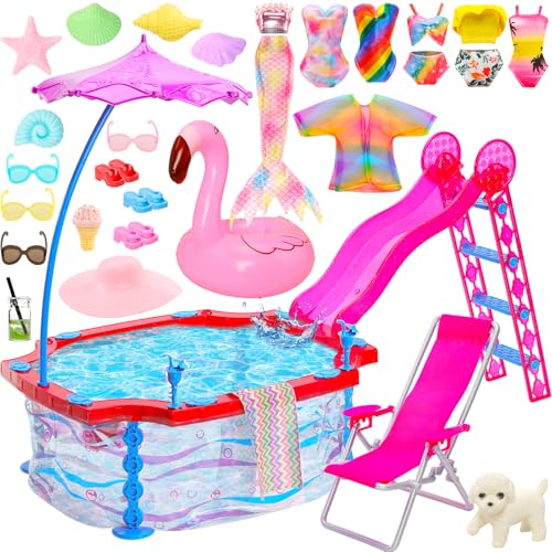 HONLAELLA 115 Inch Girl Doll Glam Pool Playset Include Glam Swimming Pool with Slide Mermaid Swimsuit Doll Bikini Swimwear Beach Chair Glasses Towel Swimming Ring and Others Accessories for 115 Inch Dolls - Image 1