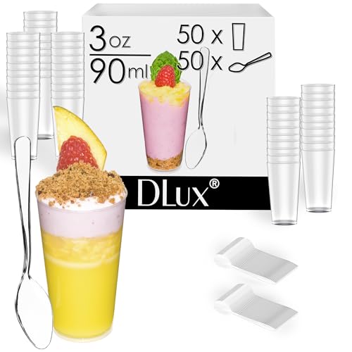DLux 50 x 3 oz Mini Dessert Cups with Spoons Shooter  Clear Plastic Parfait Appetizer Cup  Small Reusable Shot Glass for Tasting Party Shooters Desserts Appetizers  With Recipe Ebook