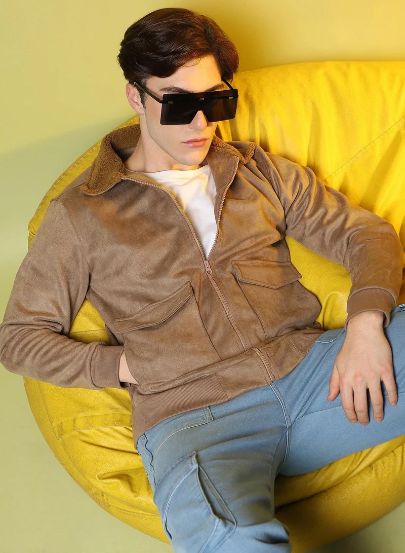 Campus Sutra Men's Beige Zip-Front Jacket With Fleece Collar