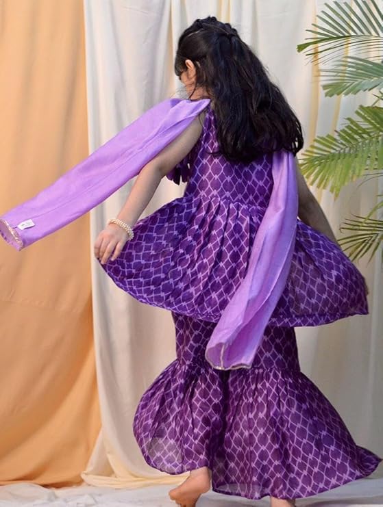 Naixa Girls Purple Rayon V Neck Sleeveless Checked Printed Kurta and Sharara with Dupatta Set | latest Checked Designer Printed Salwar Suits Set With Dupatta for Girls (SE48_5-6 Year) - Image 3