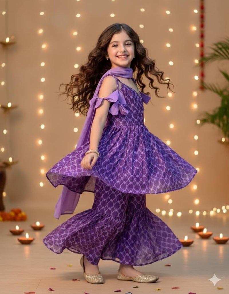 Naixa Girls Purple Rayon V Neck Sleeveless Checked Printed Kurta and Sharara with Dupatta Set | latest Checked Designer Printed Salwar Suits Set With Dupatta for Girls (SE48_5-6 Year) - Image 2