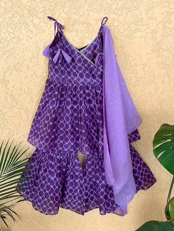 Naixa Girls Purple Rayon V Neck Sleeveless Checked Printed Kurta and Sharara with Dupatta Set | latest Checked Designer Printed Salwar Suits Set With Dupatta for Girls (SE48_5-6 Year) - Image 4