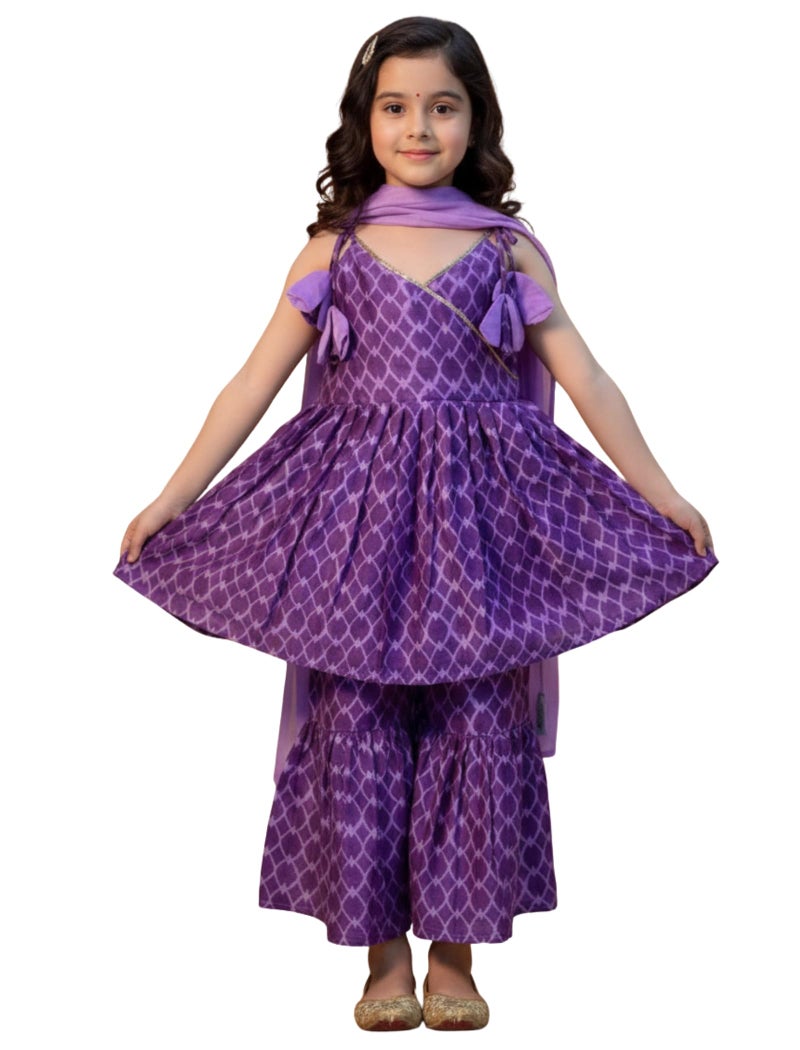 Naixa Girls Purple Rayon V Neck Sleeveless Checked Printed Kurta and Sharara with Dupatta Set | latest Checked Designer Printed Salwar Suits Set With Dupatta for Girls (SE48_5-6 Year) - Image 1