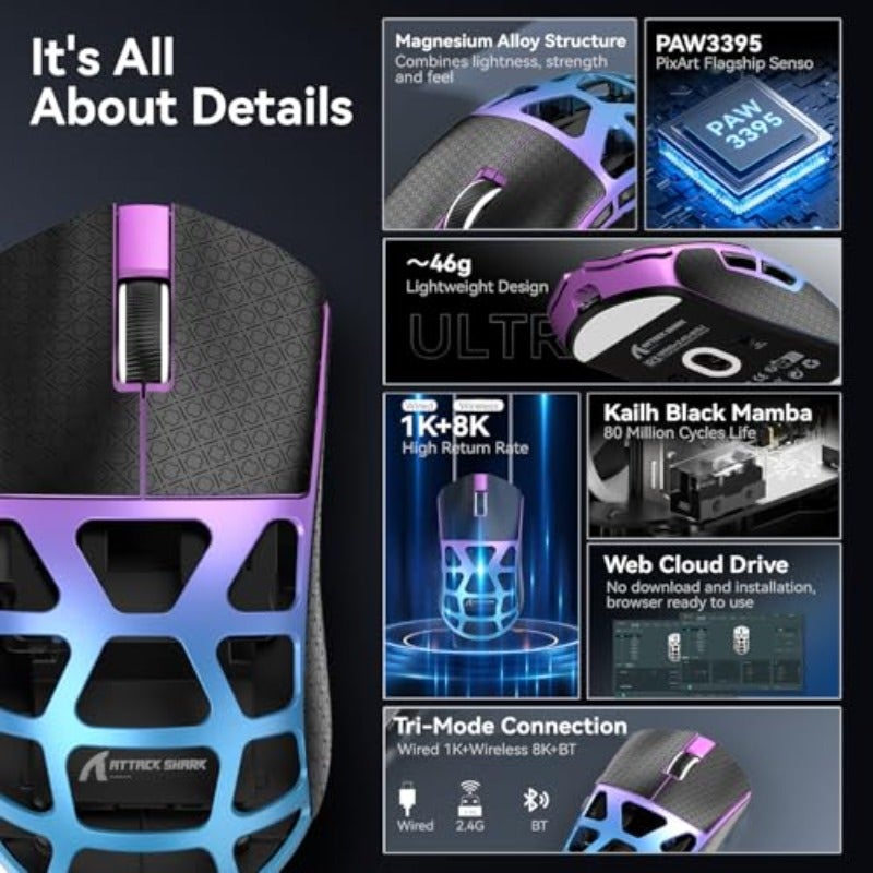 ATTACK SHARK R3 Magnesium Alloy Mouse Wireless 8K Mouse 46g SUPERLIGHT Mouse PixArt PAW3395 Gaming Sensor BT 2.4G Wired Gaming Mouse Adjustable DPI 26000 Office Mice for Win11 Xbox PS Mac Purple - Image 4