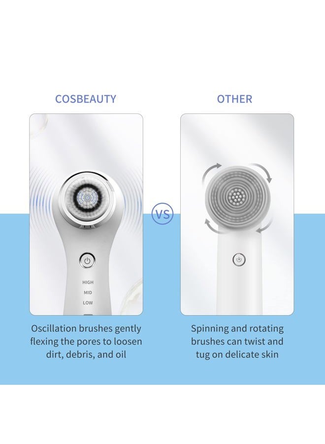 COSBEAUTY Face Scrubber Exfoliator Sonic Facial Cleansing Brush with 5 Interchangeable Brush Head,Face Brush Cleanser for Men IPX7 Waterproof,Wireless Rechargeable for Massaging,Deep Cleansing(White) - Image 3