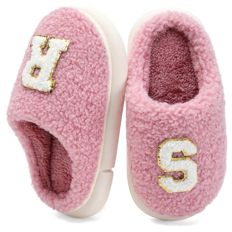 IceUnicorn Kids Slippers Girls Boys Slip On Customized Letters Big Little Kids House Slippers Christmas Non-Slip Warm Winter Home Shoes for Indoor Outdoor(Pink,28/29) - Image 1