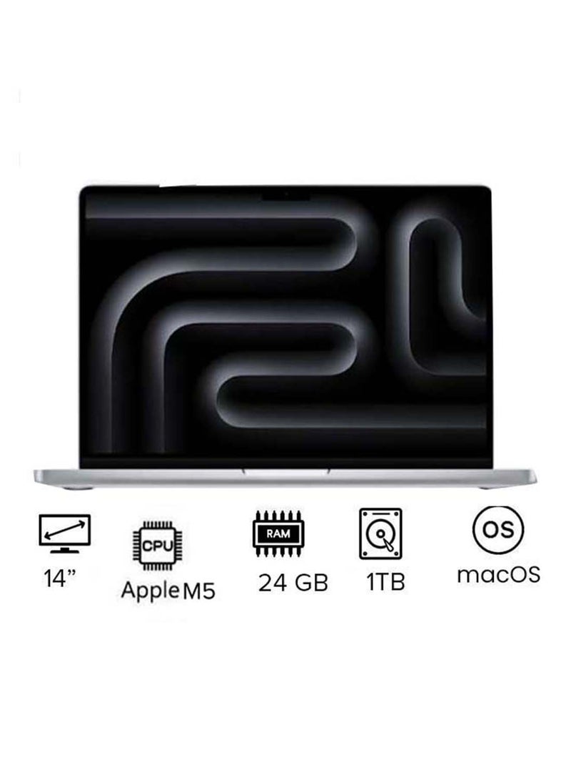 Apple MacBook Pro MDE64 | 14 Inch Display | Apple M5 Chip | 10-Core CPU And 10-Core GPU | 24GB RAM | 1TB SSD | macOS | English Keyboard | International Version | English Silver - Image 1